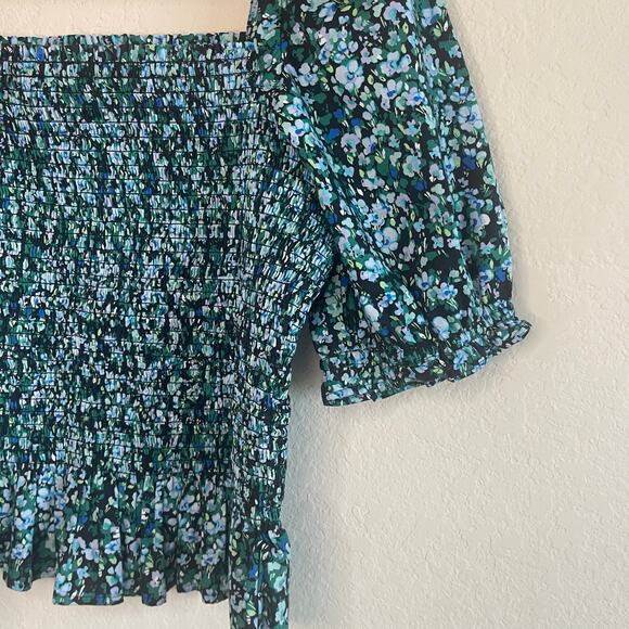 J. Crew Floral Smocked Bodice Poplin Top Black Heritage Green NEW - Size M - Picture 5 of 8